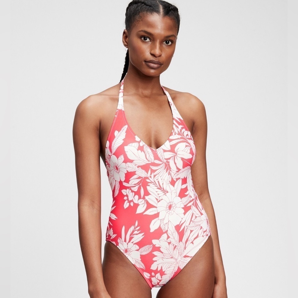 NWOT! GAP Pink Coral Floral Print Recycled Tie-Back One-Piece Swimsuit - Large🏝️